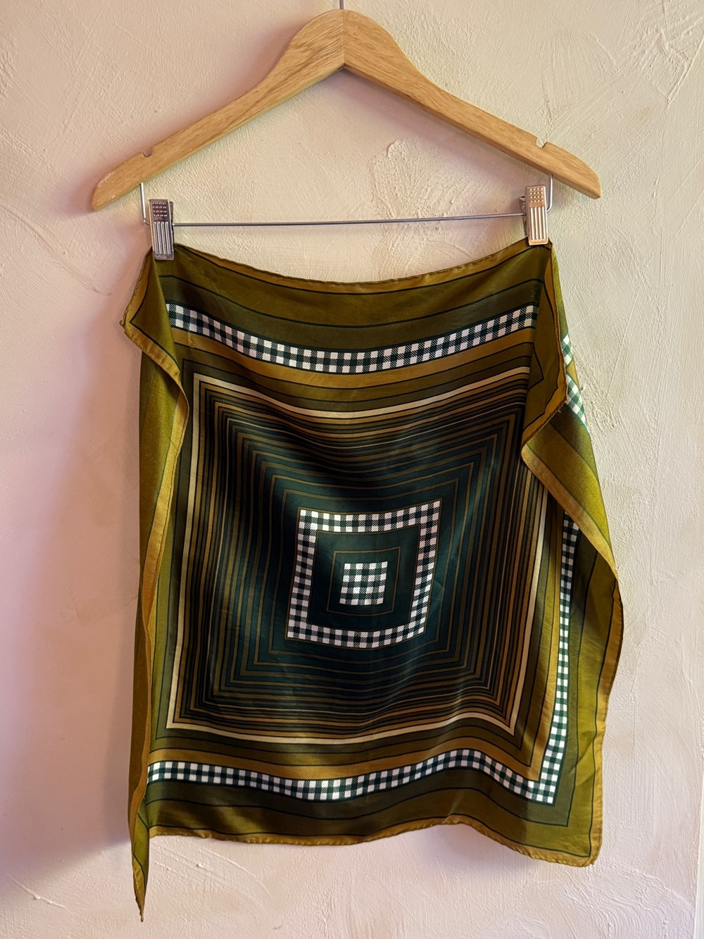 Vintage Echo Scarf Olive Green Gold Geometric Concentric Squares Gingham Border